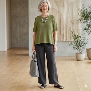 EILEEN FISHER Organic Linen Cotton Open Weave Knit Boxy Sweater Moss Green Small